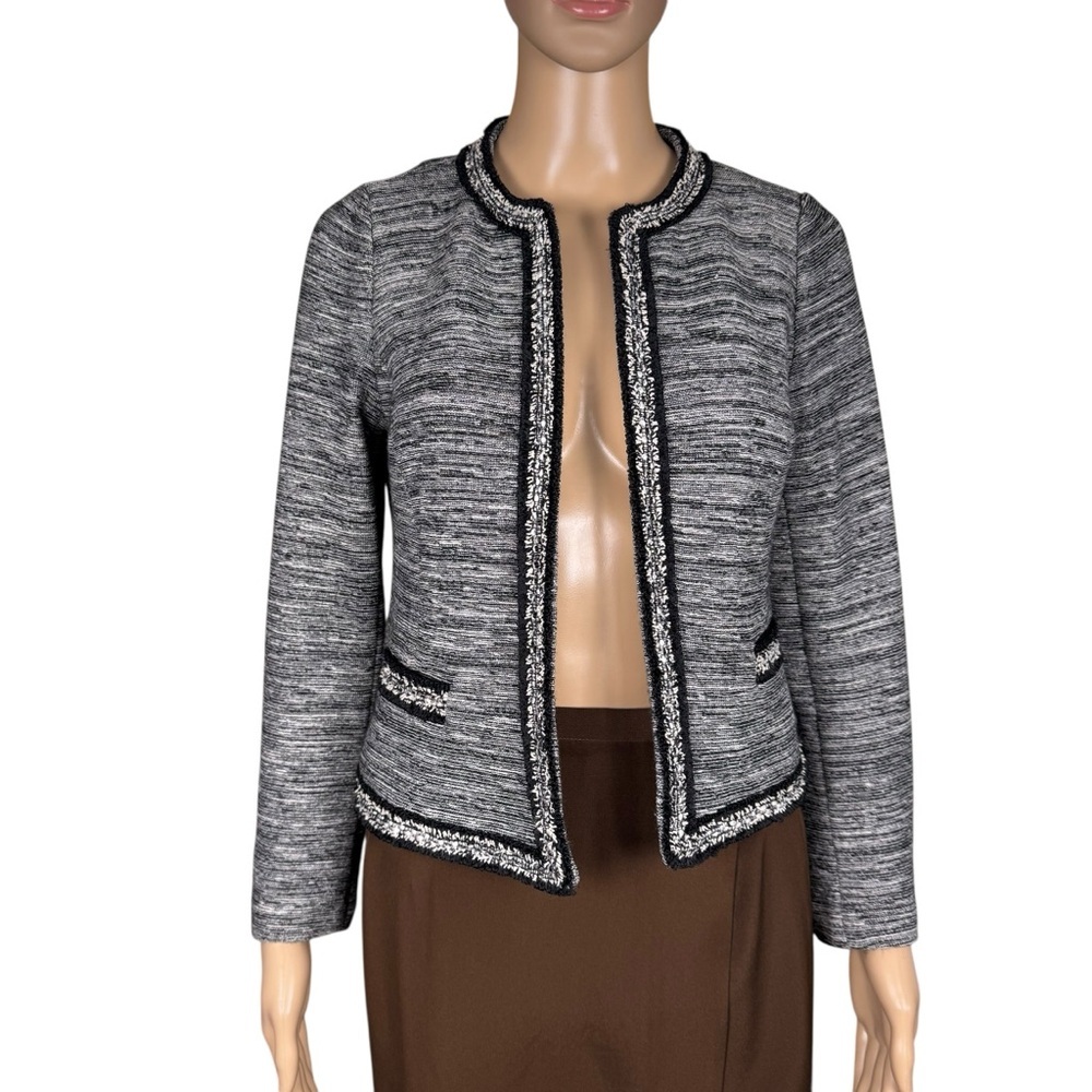 Talbots Tweed Open Front Fringe Trim Cotton Wool Blend Blazer Size P Petite